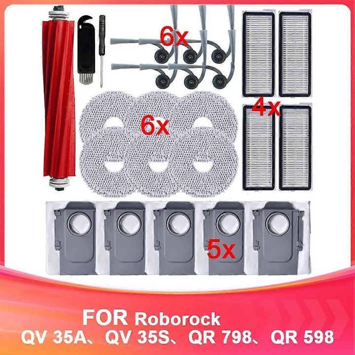 Robotporszívó tartozékkészlet Roborock 35A/35S/QR 798/QR 598 kompatibilis, fő kefe, 6 oldalkefe, 4 HEPA szűrő, 6 felmosó kendő, 5 porzsák, Többszínű, 1 szett