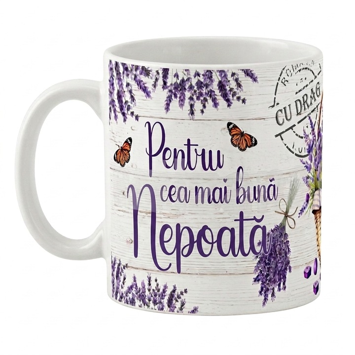 Cana personalizata din ceramica, model lavanda si fluturi, 350 ml, „Pentru cea mai buna Nepoata”