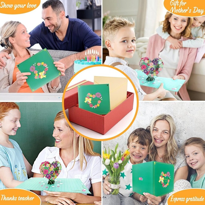 Felicitare 3D Pop-up OEM inima flori ghirlanda cu plic