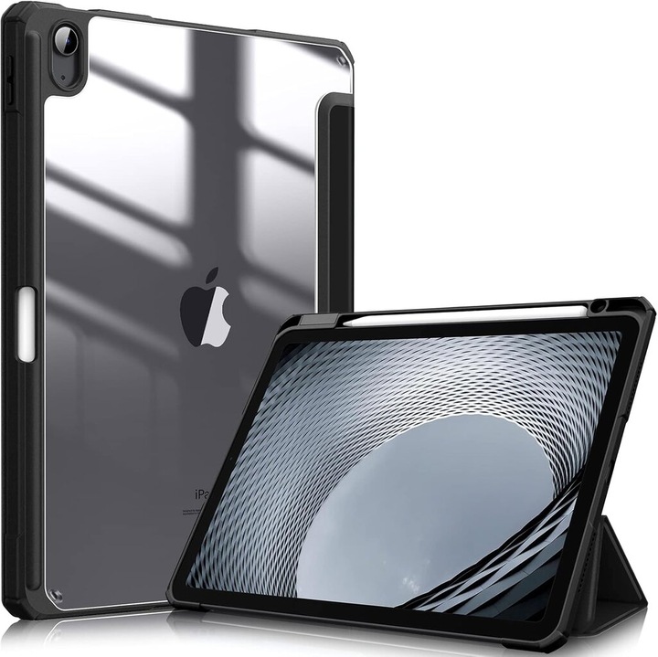 Husa tableta transparenta, pliabila, negru, 10.9 inch, cu suport creion si incarcare, protectie socuri, auto sleep/wake, pentru iPad Air 4 si 5