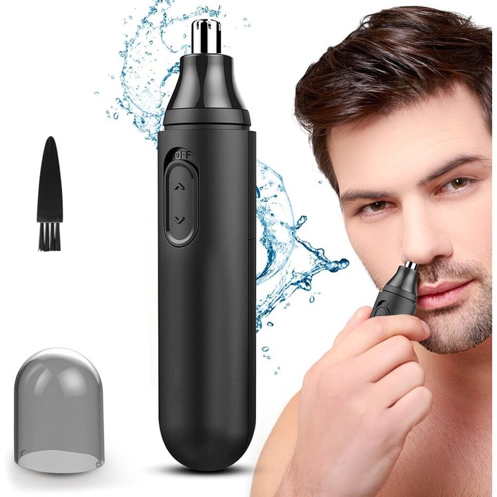 Trimmer pentru nas si urechi, aparat tuns electric, lame din otel inoxidabil, rotatie 360°, cap detasabil si lavabil, alimentare baterie AA, negru, 1 buc