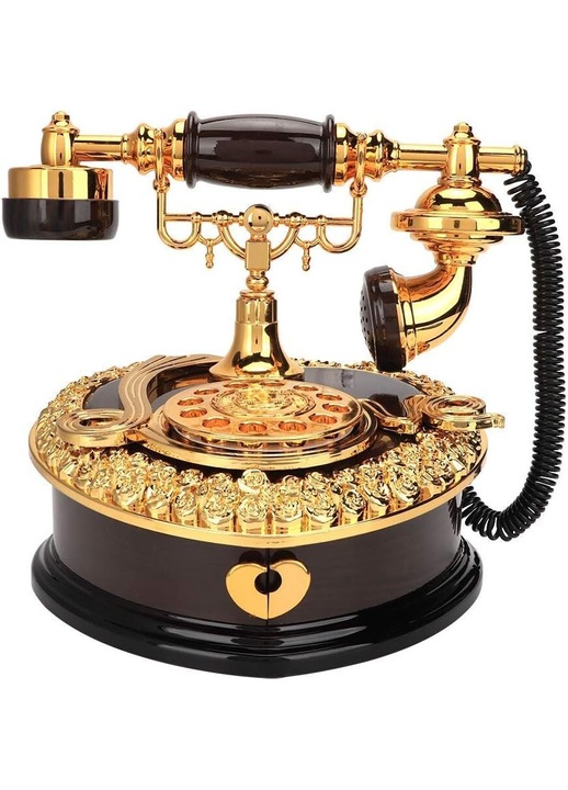 Vintage zenélő ékszerdoboz forgatható telefonnal, szív alakú, 18x17x18cm