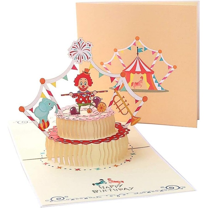 3D pop-up üdvözlőlap, üdvözlőkártya, cirkuszi design bohóccal és tortával, kreatív papírkivágás, borítékkal együtt, 15 x 15 cm, Többszínű, 1 db