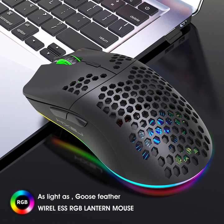Vezeték nélküli gamer egér RGB világítással, perforált honeycomb házzal, 6 programozható gombbal, Bluetooth csatlakozással 10 m, Fekete, 1 db