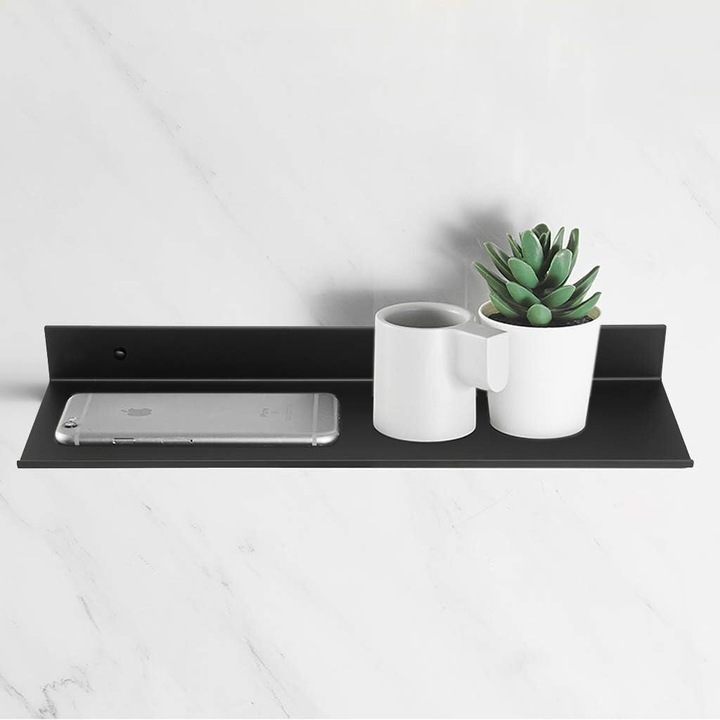 2 darabos szett, Fali polc/állvány alumíniumötvözetből, rozsdaálló, könnyen telepíthető, akár 9 kg-ig terhelhető, Fekete, 2 x 30 x 11.8 x 4 cm