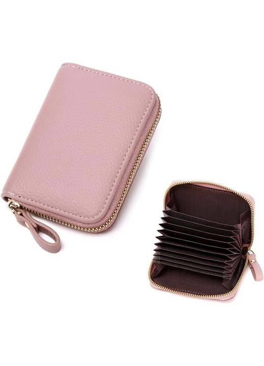 Portofel piele RFID, capacitate mare, roz, 11x8x2.5cm