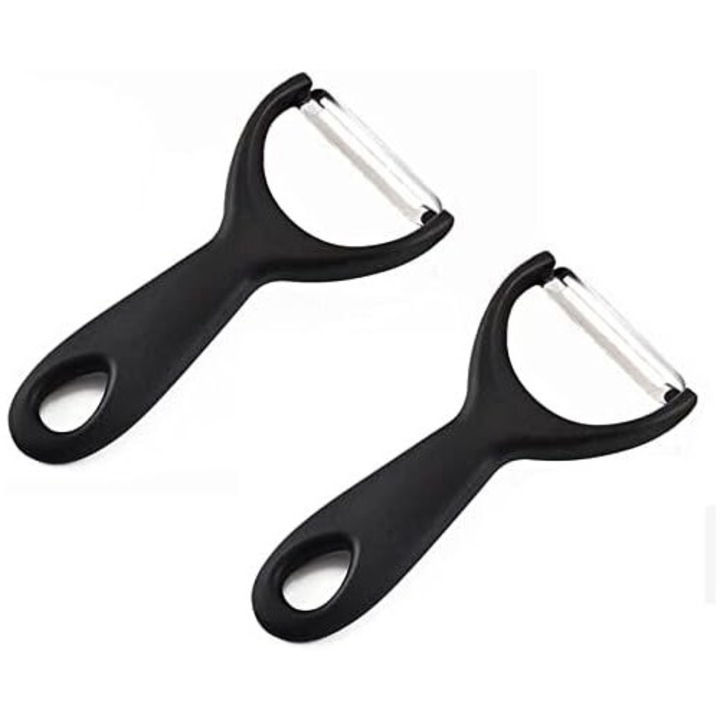 Set 2 bucati, Curatator legume Y-Shaper, lama dubla oscilanta din otel inoxidabil, margine zimtata, maner ergonomic moale, orificiu pentru agatare, compatibil cu masina de spalat vase, Negru