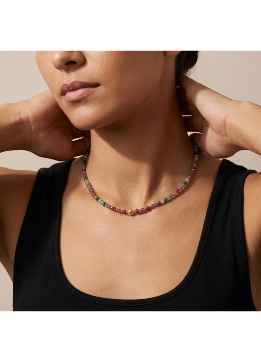 Colier vesel multicolor din turmalina cu accesorii din argint placate cu aur, ajustabil