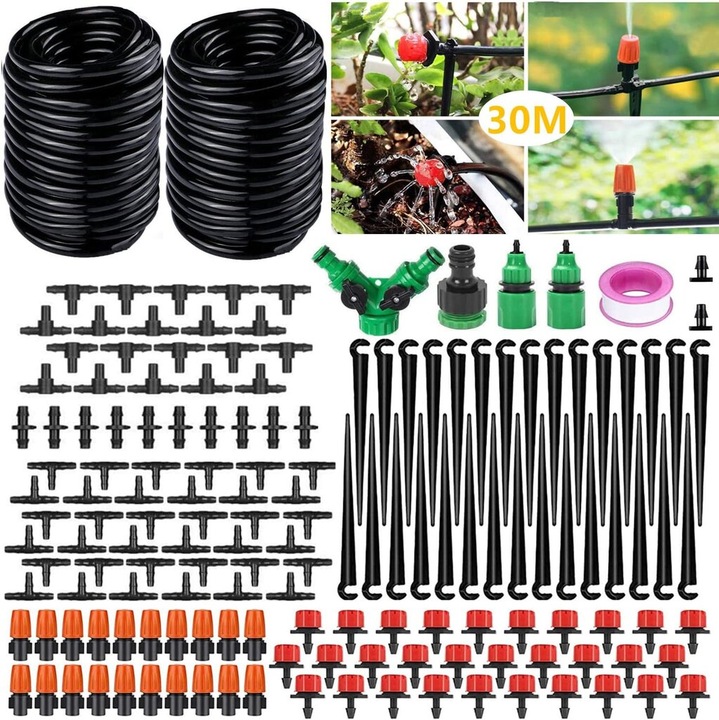 Set 149 piese, kit irigare prin picurare/sistem irigare, reglabil, rezistent la UV, economisire apa pana la 70%, negru, 30 m