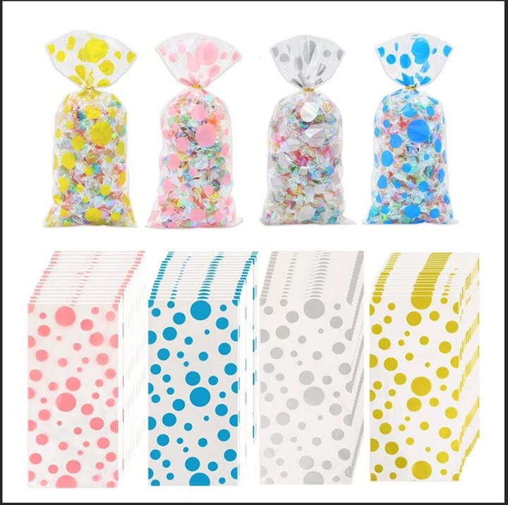 Saculeti celofan / pungi pentru bomboane, din plastic transparent, imprimeu buline variate, cu sarmulite rasucite aurii, 27,5 x 12,5 cm, Multicolor, 100 bucati