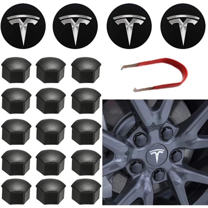 Комплект от 24 части, Капачки за джанти за Tesla Model 3/Model S/Model X/Model Y, от ABS и PC, монтаж чрез щракване, устойчиви на корозия и надраскване, Черно/Сребристо, 4 централни капачки + 20 капачки за болтове, с инструмент за монтаж