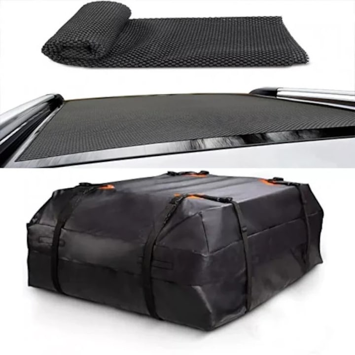 Cutie/torba portbagaj auto pliabil, impermeabil din nailon laminat cauciucat, cu chingi usor de utilizat si rezistent la intemperii, montaj universal pentru bare portbagaj, Negru