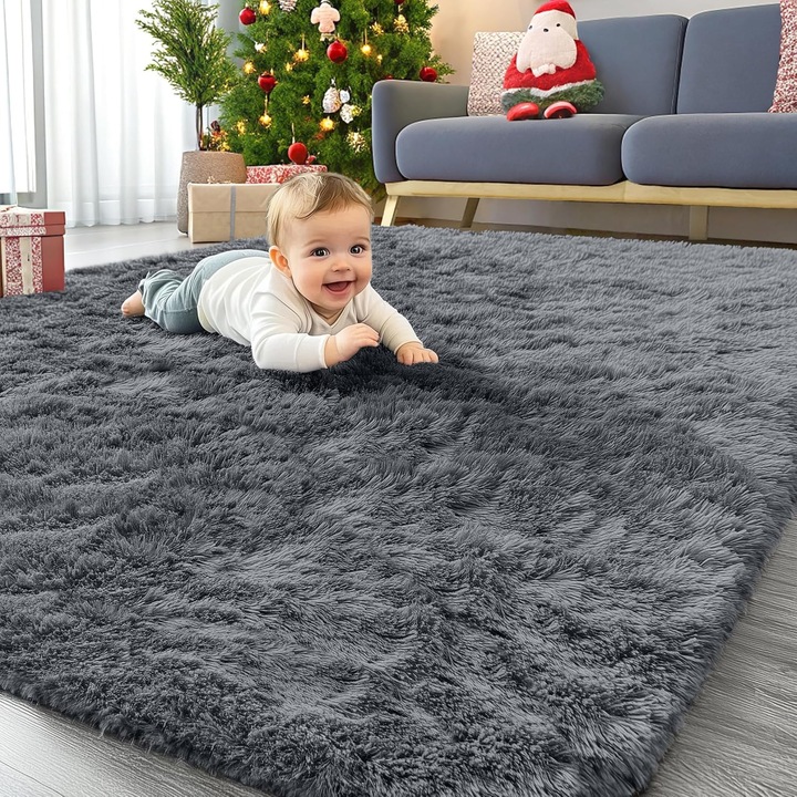 Covor pufos Homaxy, 200 x 280 cm material textil, antiderapant, lavabil, material textil, culoare Gri inchis
