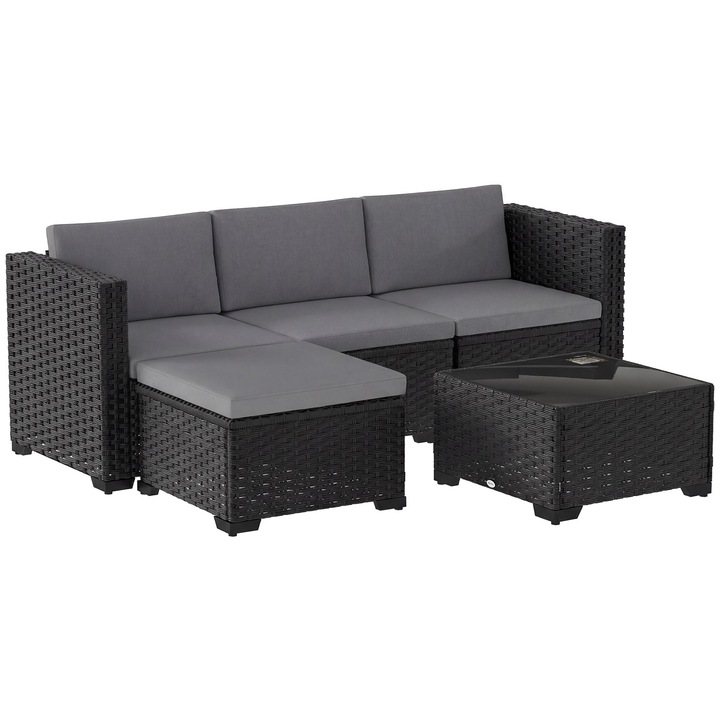 Canapea Modulara, Outsunny, Ratan PE, otel, 188 x 120 x 61 cm, Gri, Negru