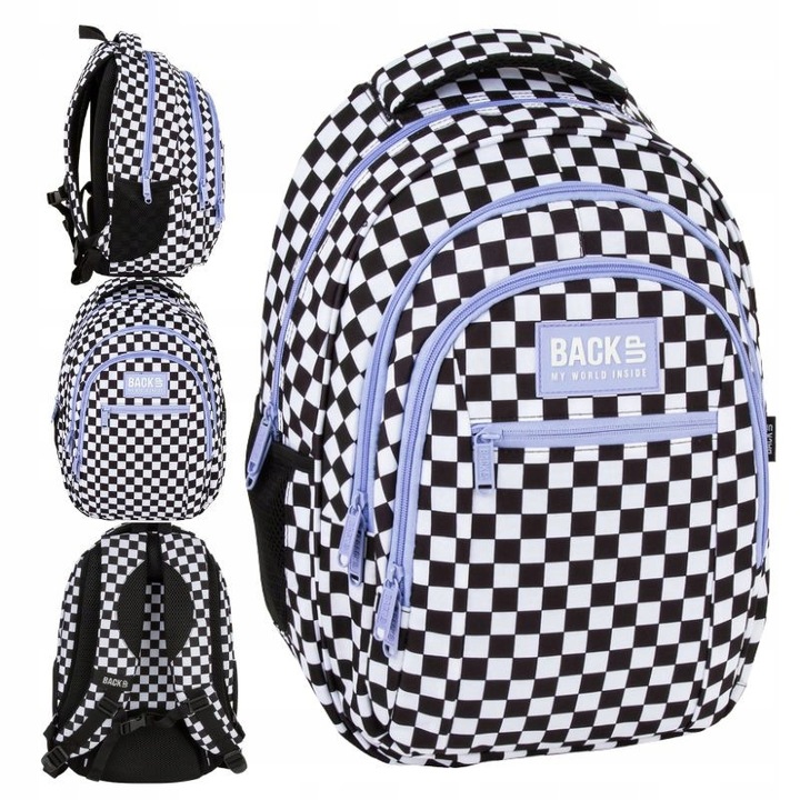 Rucsac Tineret, Back Up, Carouri Alb Negru Cu Mov, 3 Compartimente Principale 1 Buzunar, Frontal 2 Buzunare Laterale Spate, Ergonomic Spuma Bretele Reflexii, Fund Intrarit Scoala Liceu, 42x30x20 cm, Multicolor