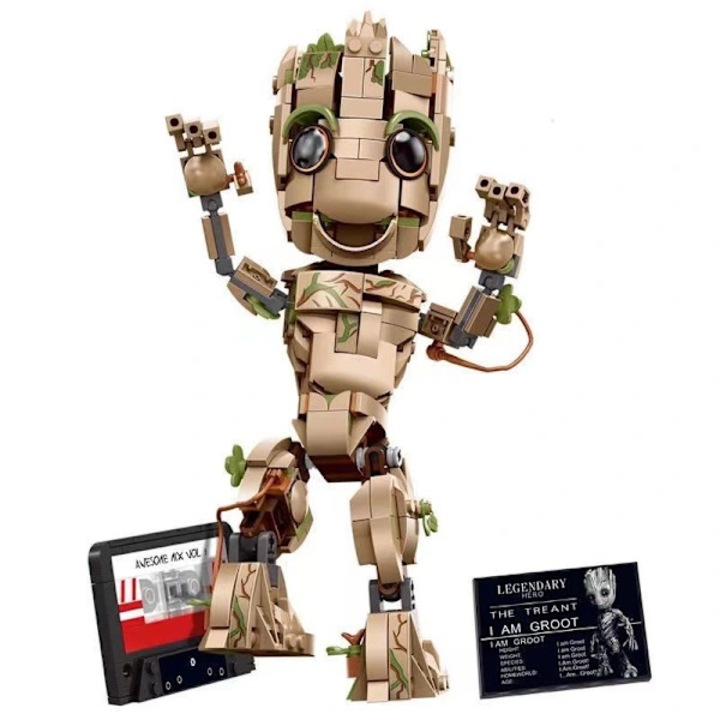 Baby Groot Marvel építőkészlet, artikulált, tartóval és kazettával, 15x20cm