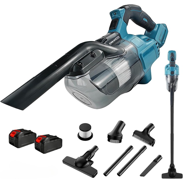 Aspirator Auto si Casa GREATON, Portabil Fara Fir, cu Acumulator 18–20 V, Putere Mare de Aspiratie, Set 4 Duze Tapiterie si Spatii Inguste + 2 Acumulatori Incluse, Negru/Albastru