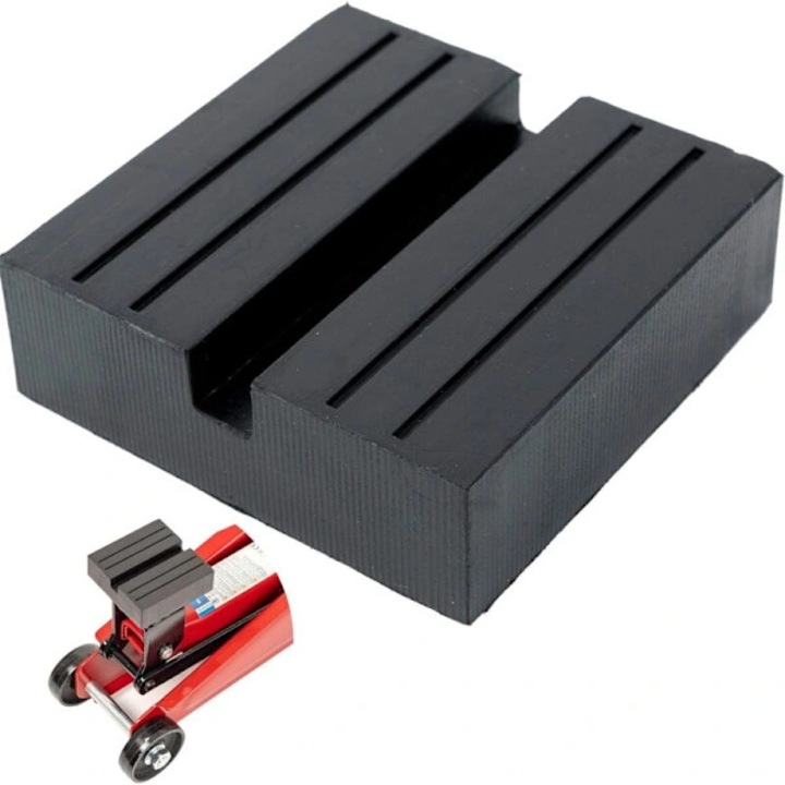 Tampon de ridicare pentru cric, pad din cauciuc 75x75x25 mm, cu canal in forma de U si benzi antiderapante, din cauciuc Trans-Pi, pentru autovehicule pana la 3,5 t, Negru, 1 buc