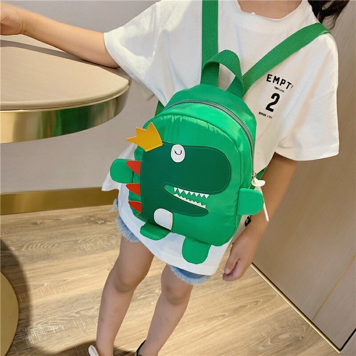 Rucsac copii textil, cu ham de siguranta, lesa detasabila 1.5m si functie anti-pierdere, model dinozaur, Verde, Unica 1-5 ani