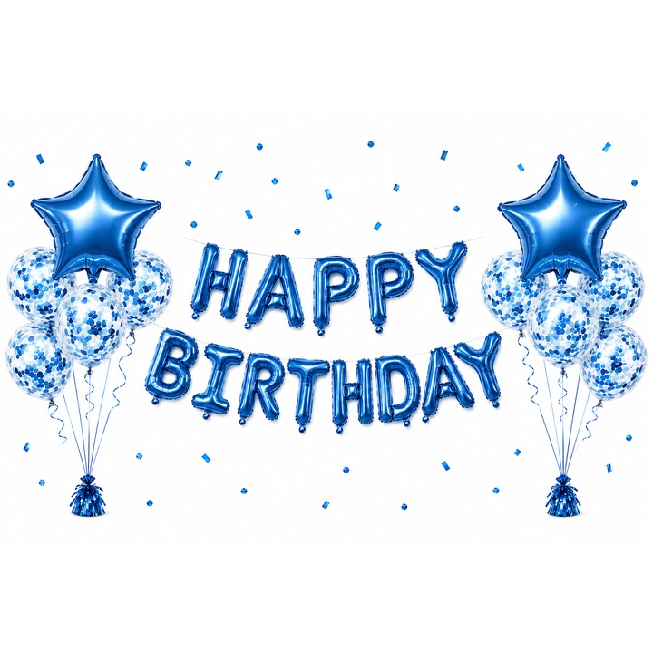 Happy Birthday léggömb szett csillagokkal és konfettivel, születésnapi parti dekoráció
