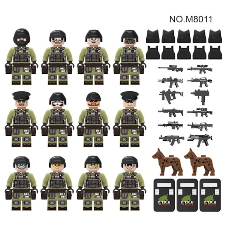 Комплект от 12 броя, Военни минифигурки модел NO.M8011, съвместими с повечето блокчета, изработени от нетоксична ABS пластмаса, Многоцветни, 12 x 4.5 см