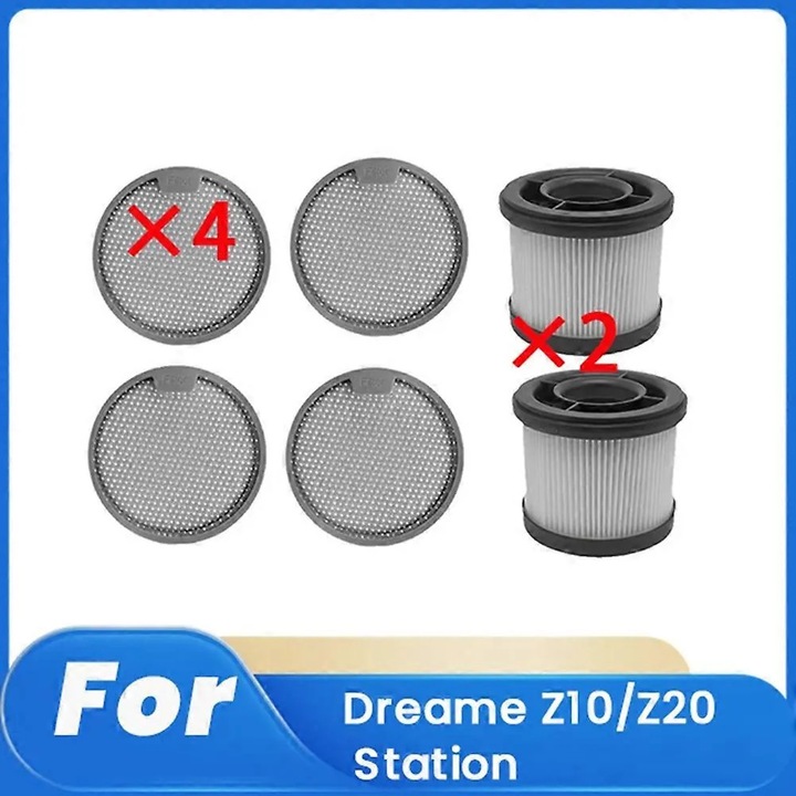 Set 6 bucati, Filtre compatibile Dreame Z10/Z20 Station, HEPA inalta eficienta si filtru plasa, ABS, Gri, 2 x filtru HEPA, 4 x filtru bumbac