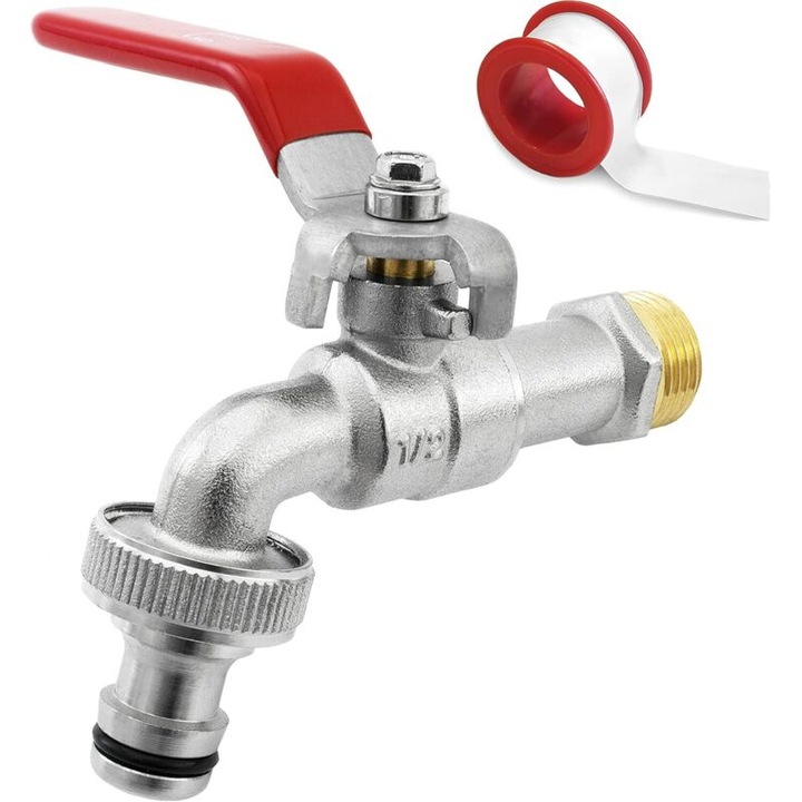 Sárgaréz golyóscsap, vízcsap, 1/2'' bemenet - 3/4'' kimenet, tömlőcsatlakozóval, rozsda- és fagyálló, ezüst/piros, 1 db