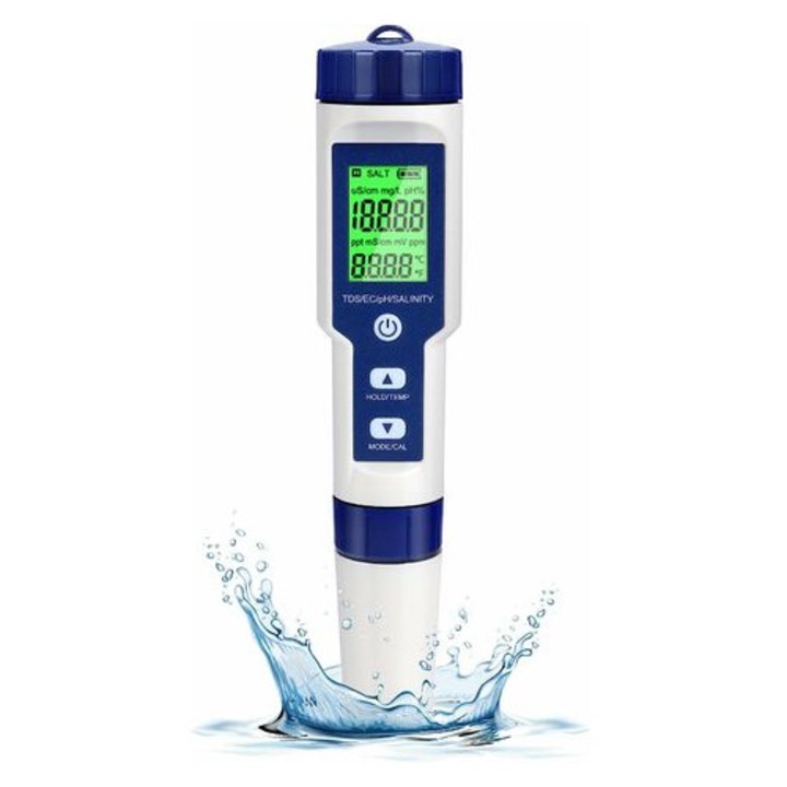 Tester apa HERUSI 5 in 1 digital, pH TDS EC salinitate temperatura, ecran iluminat, IP67
