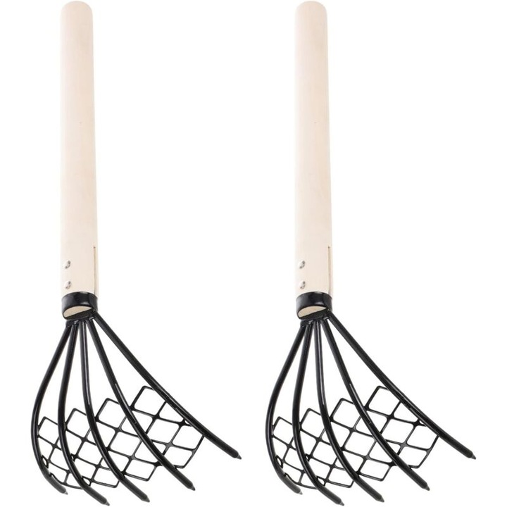 Gereblye 5 foggal és hálóval, hosszú fa nyél, 38cm, strandra és kertbe