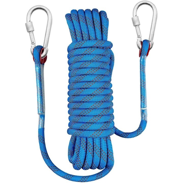 Nylon hegymászó kötél, 10 mm átmérő, max. 1000 lb (≈454 kg) teherbírás, 2 karabinerrel és 48 maggal, Kék, 10 m