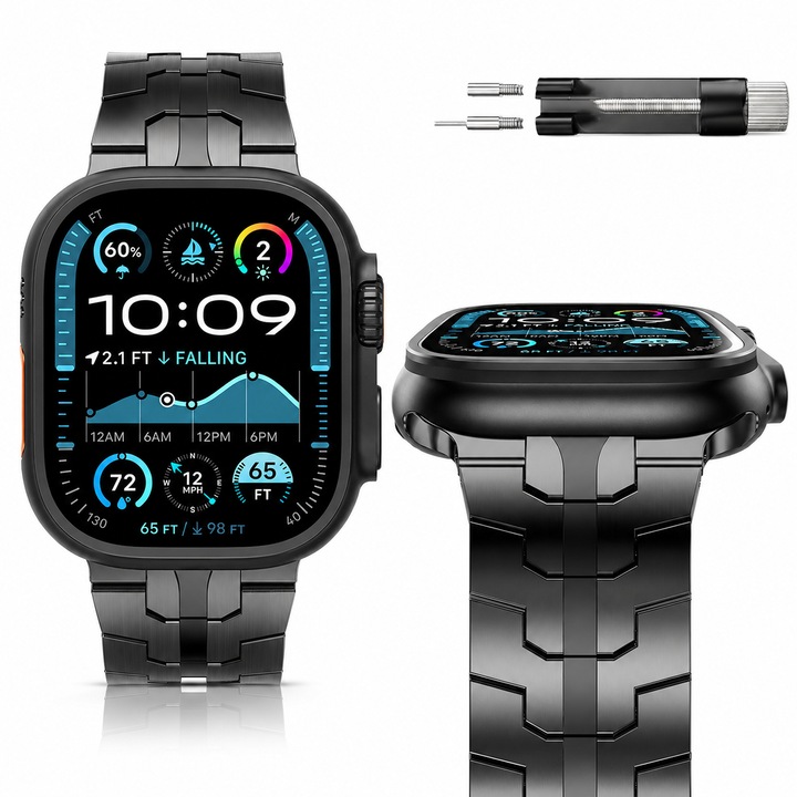 Prémium fém szíj Apple Watch-hoz, hossza állítható, Kompatibilis Apple Watch Ultra/Ultra 2/Ultra 3/11/10/SE/9/8/7/6/5 (42/44/45/46/49 mm), Elegáns design, Fekete szín