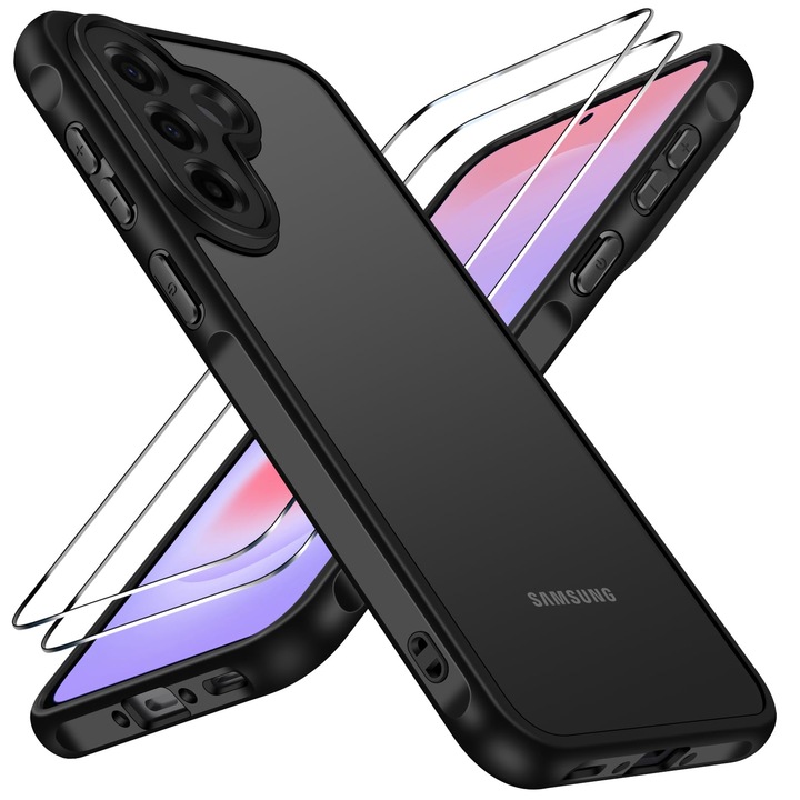 Pachet Husa Telefon + 2 Folii Sticla Compatibila Cu Samsung Galaxy A57 5G, MOGU Set Protectie 360, TPU Moale, Rezistent la Socuri, Carcasa Subtire de Protectie Anti Soc, Include 2 folii de Protectie din Sticla Securizata, Spate Mat Translucid, Negru