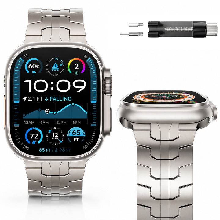 Prémium fém szíj Apple Watch-hoz, hossza állítható, Kompatibilis Apple Watch Ultra/Ultra 2/Ultra 3/11/10/SE/9/8/7/6/5 (42/44/45/46/49 mm), Elegáns design, Titán szín