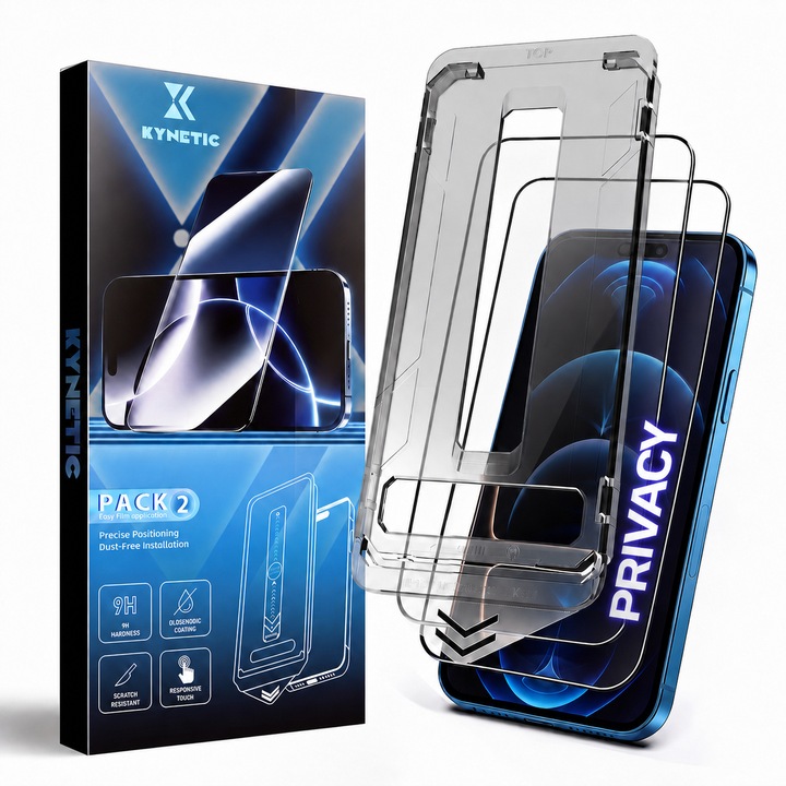 Set 2 folii privacy pentru iPhone 18 Pro, Kynetic®, sticla temperata, eliminare automata a prafului, sensibilitate tactila avansata, acoperire oleofoba, anti-amprente, 6.3 inch