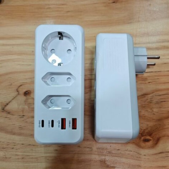 Multipriza / Prelungitor de priza 7 in 1, protectie la supratensiuni, 3 prize EU, 2 porturi USB-A, 2 porturi USB-C, alb, 1 buc