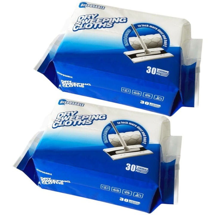 Set 2 pachete, lavete uscate de unica folosinta pentru mop, 22 x 30 cm, texturate, retin parul si praful, alb, 60 bucati (2 x 30)