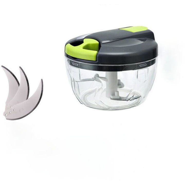 Tocator manual multifunctional 3 lame din otel inoxidabil, bol compatibil cu masina de spalat, corp ABS cu banda antiderapanta, Verde, 500ml