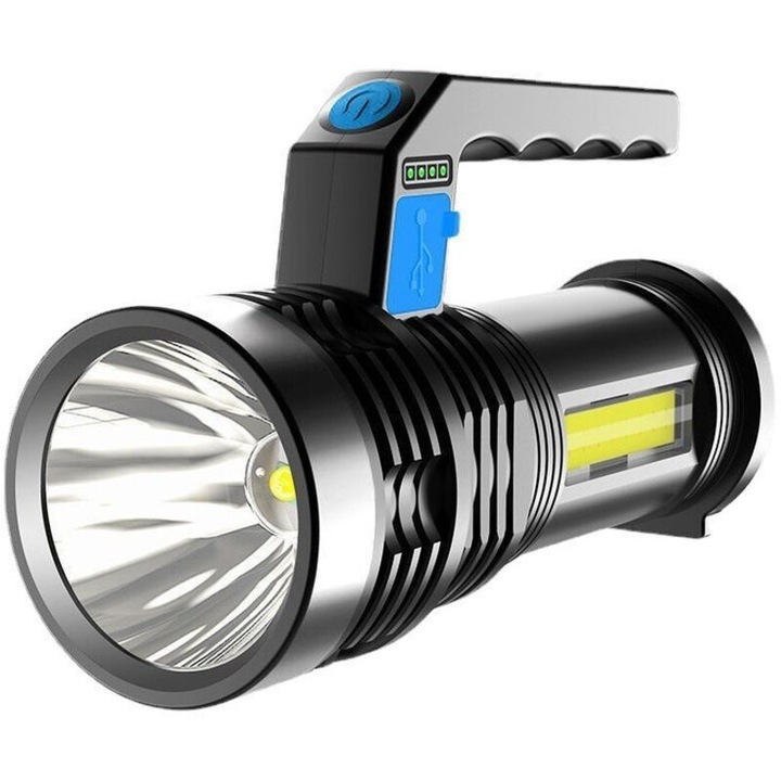 LED újratölthető lámpa, hordozható reflektor zoommal és oldalsó COB panellel, 4 mód (erős/gyenge/SOS/széles), időjárásálló, akkumulátor jelző, fekete/ezüst, 1 db
