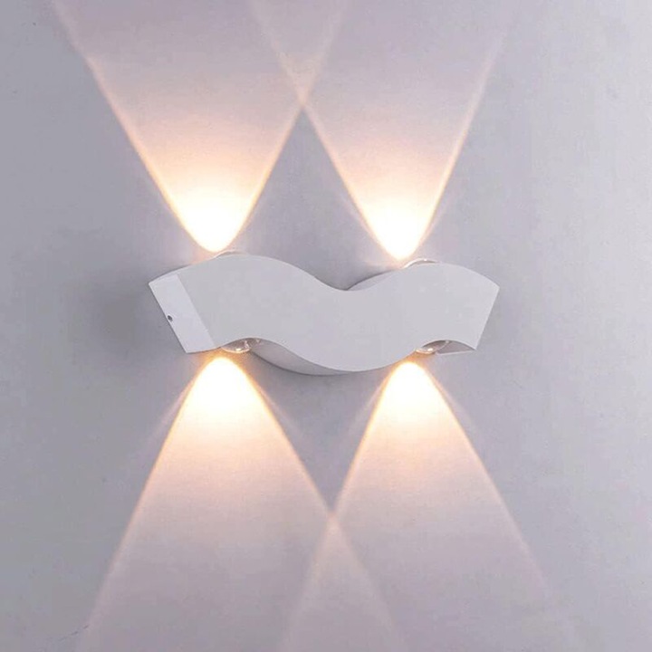 Aplica de perete, design modern ondulat, din aluminiu, LED lumina calda, efect halo dublu cu sticla sigilata, IP65 etansa, Alb, 1 buc
