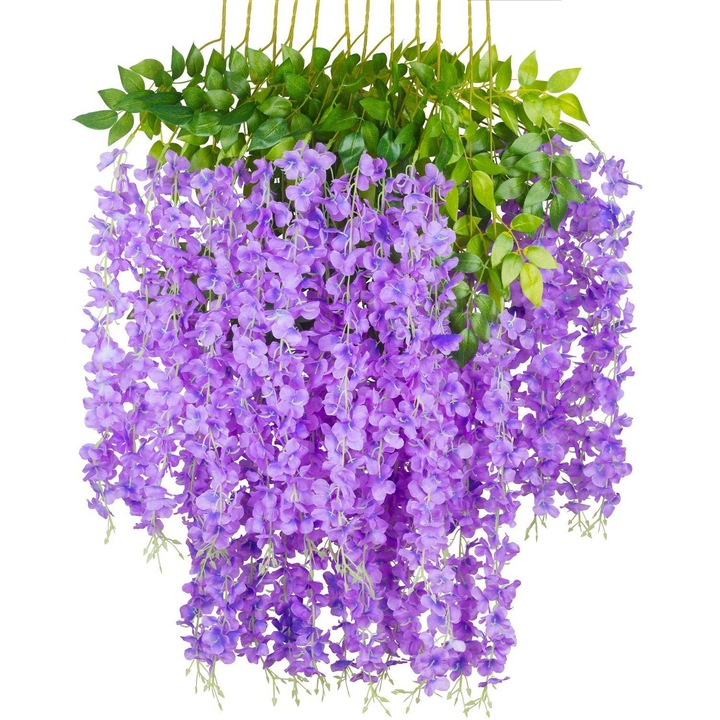 Set 12 bucati, flori artificiale glicina pentru agatat, 110 cm, din textil si plastic, realiste, pentru nunta si petreceri, mov