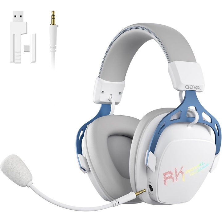 Casti Gaming Wireless RK Royal Kludge, Bluetooth 5.3 + 2.4GHz + Jack 3.5mm, Sunet Virtual 7.1, Drivere 50mm, Microfon Detasabil cu anulare a zgomotului, RGB, Baterie 1000mAh, Autonomie 40 Ore, Compatibile PC/PS5/PS4/PC/Switch/Xbox, Alb