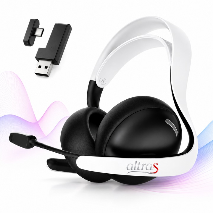 Casti gaming over-ear Altras®, conectivitate tripla: wireless 2.4 GHz, bluetooth si cablu, pentru PC, consola si telefon, ultra usoare 320g, microfon omnidirectional retractabil, izolare fonica ANC, autonomie 55h, difuzoare 40mm, Alb
