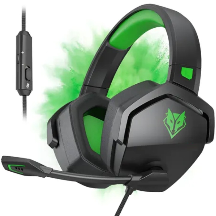 Casti Gaming TrioStore® Surround 7.1 Cu Microfon Noise Cancelling, Casti PC PS4 PS5 Xbox Switch, Difuzoare 50 mm, Control Volum, Casti Gaming Profesionale Cu Fir, Sunet Stereo HD, Design Ergonomic Verde Negru