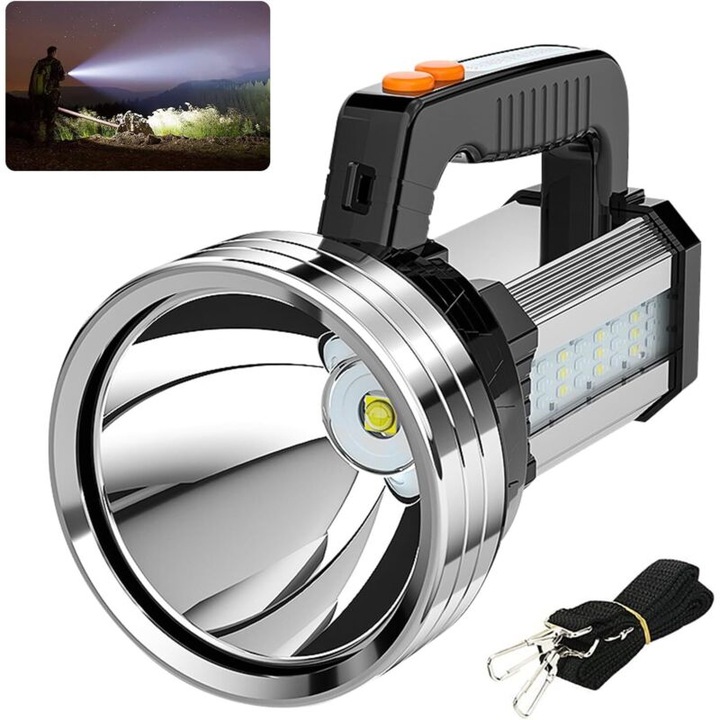 Újratölthető LED lámpa, 1000 lumen, 2200 mAh, 5 mód, IPX4, fekete, hordozható