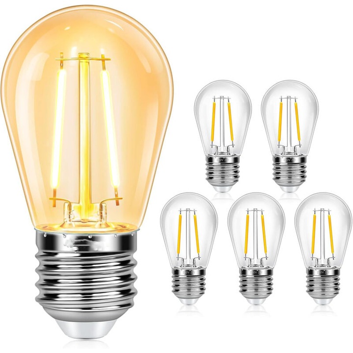 6 darabos készlet, S14 E27 2W LED izzó, vintage filament, 20W-nak megfelelő, meleg fehér 2700K, IP44 vízálló, nem dimmelhető, 6 x 2W