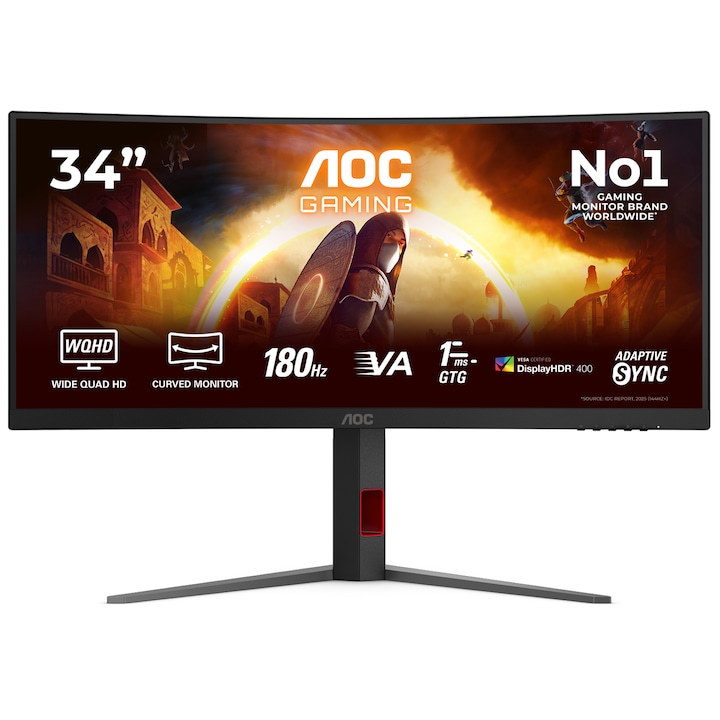 Monitor Gaming AOC Curbat 34" Fast VA WQHD 3440x1440 180Hz 1ms (0.5ms MPRT) HDR400 FlickerFree HA HDMI DisplayPort USB hub USB-C KVM CU34G4CA