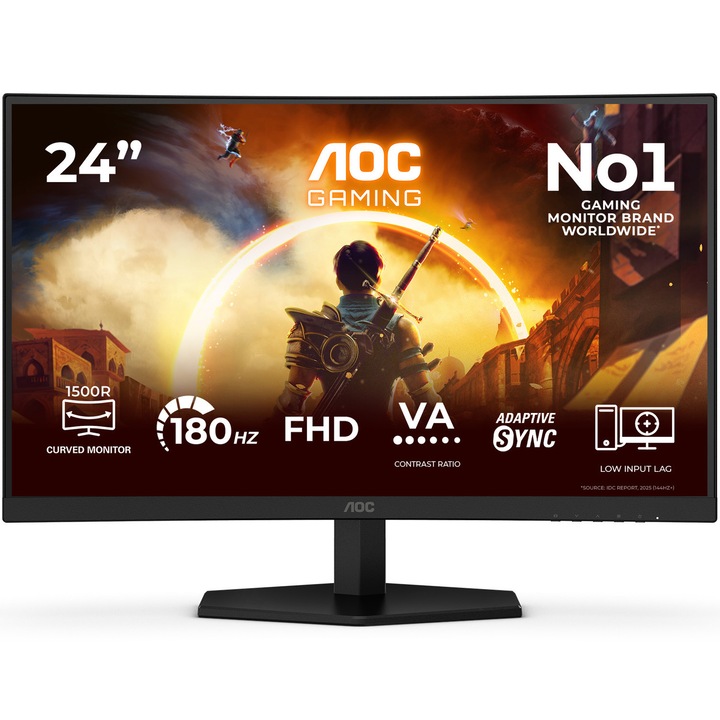 Монитор Gaming AOC C24G42FE, 23.6", FHD, Извит VA 1500R, 180Hz, 4ms (GTG), 0.5ms (MPRT), 300 cd/m², 3000:1, 117.4% sRGB, 88.3% DCI-P3, HDR10, Flicker-Free, Low Blue Light, Adaptive-Sync, HDMI 2.0, DP 1.4, Накланяне, VESA 100×100 мм, Черен/Червен