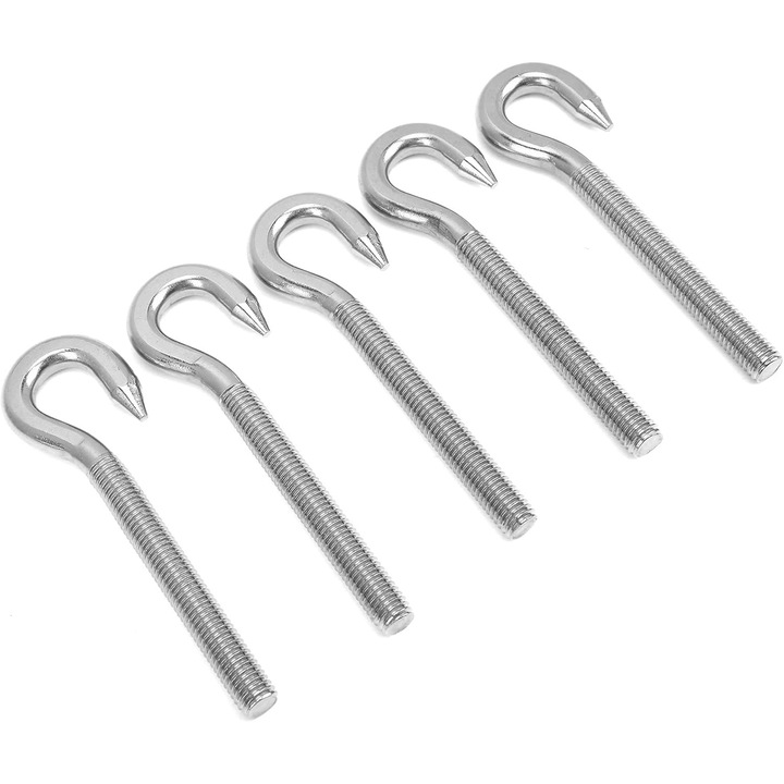 Set 5 bucati, Surub cu carlig M8 din otel inoxidabil 304, filet, rezistent la coroziune si durabil, suprafata lustruita anti-incurcare, Argintiu