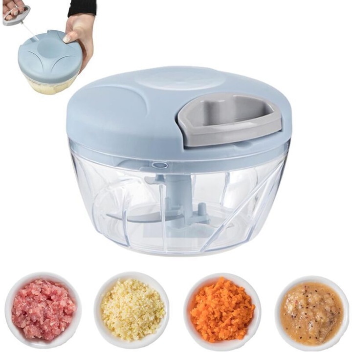 Tocator manual pentru ingrediente, mini tocator cu 3 lame din otel inoxidabil, mecanism cu sfoara, fara BPA, bol transparent, albastru, 500ml