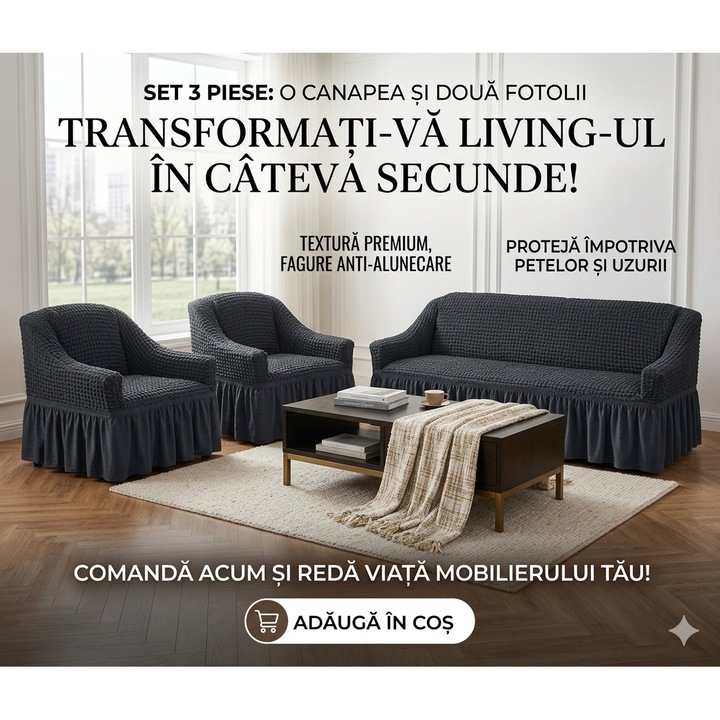 Set Huse Elastice, Canapea 3 Locuri + 2 Fotolii, Creponate, Gri inchis